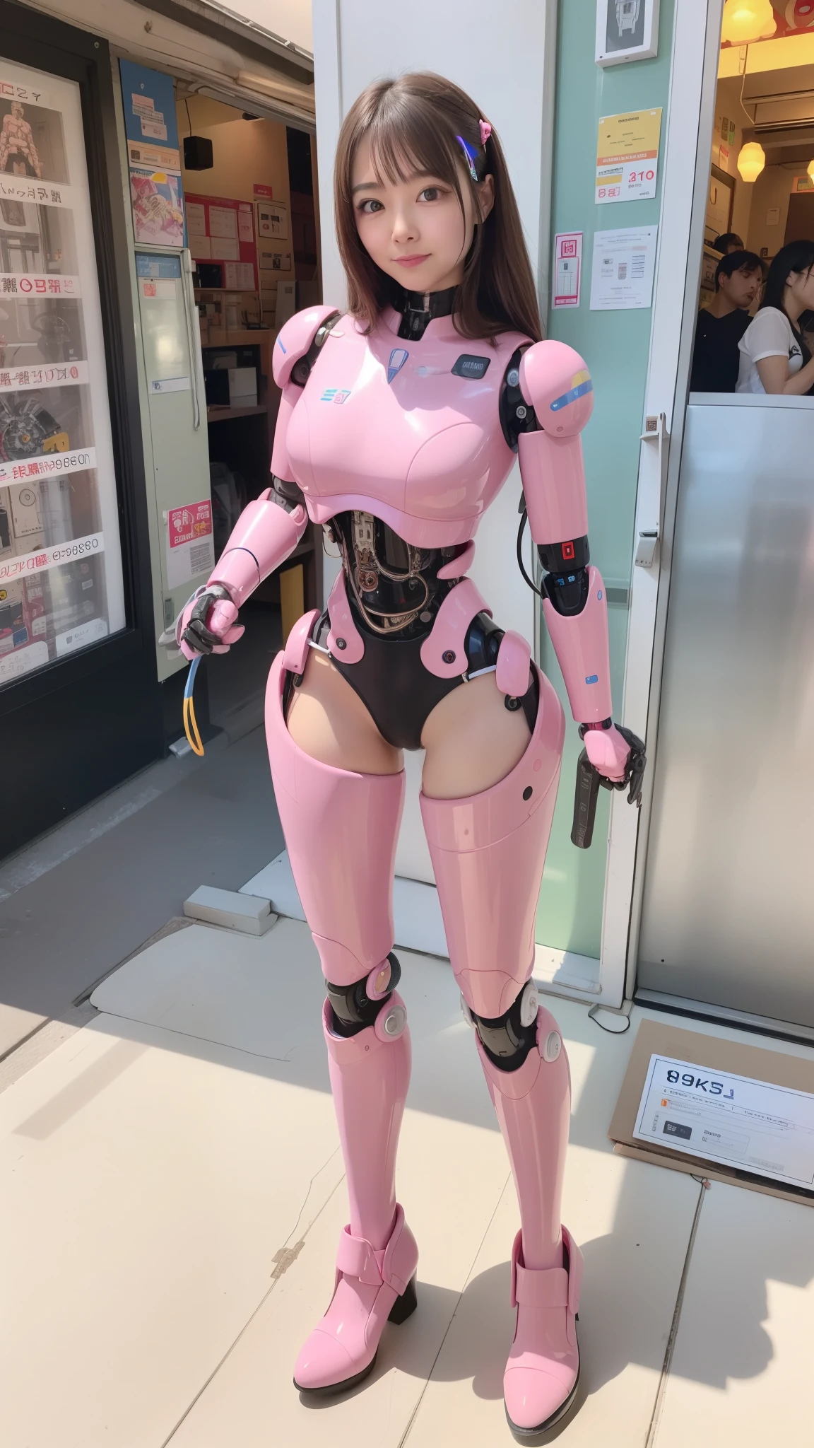 masterpiece, best quality, extremely detailed, (8K, 4K, Best Quality, Hight resolution, 超A high resolution:1.1), 8K portrait,1girl in, Japanese android girl, android teacher, control panels, android, Droid, Mechanical Hand, ,Robot arms and legs, Black hair, Mechanical body, Blunt bangs, Pink Robotics Parts, perfect robot woman, Charging spot, Long Tube, A thick cable was connected to her neck, ceramic body , android, robot humanoid, panty, full eyes, perfect mechanical body, pink robotics body, future assembly plant, Pink body, She has repaired, lack sponge joints, android assembly plant, android, laboratory, platform boots, perfect machine body, pink robot body