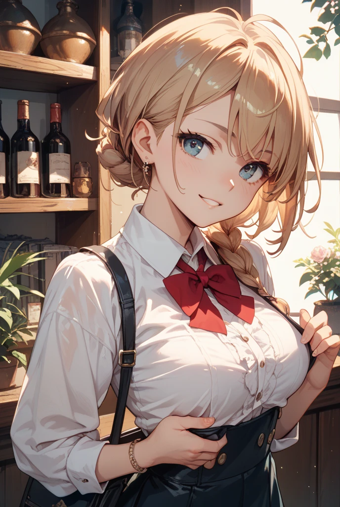 (Masterpiece、Highest quality、Very detailed、4K)、One Woman、17 years old、suspenders、stand