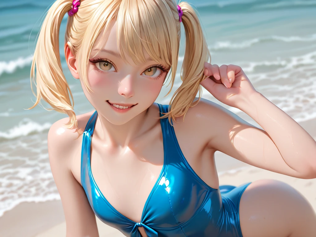 A beautiful girl in a yellow swimsuit, standing alone on a sandy beach, her long blonde hair tied in twin tails, (best quality,4k,8k,highres,masterpiece:1.2),ultra-detailed,(realistic,photorealistic,photo-realistic:1.37),detailed face and eyes,detailed hair, beach scenery, golden hour lighting, vivid colors, serene atmosphere