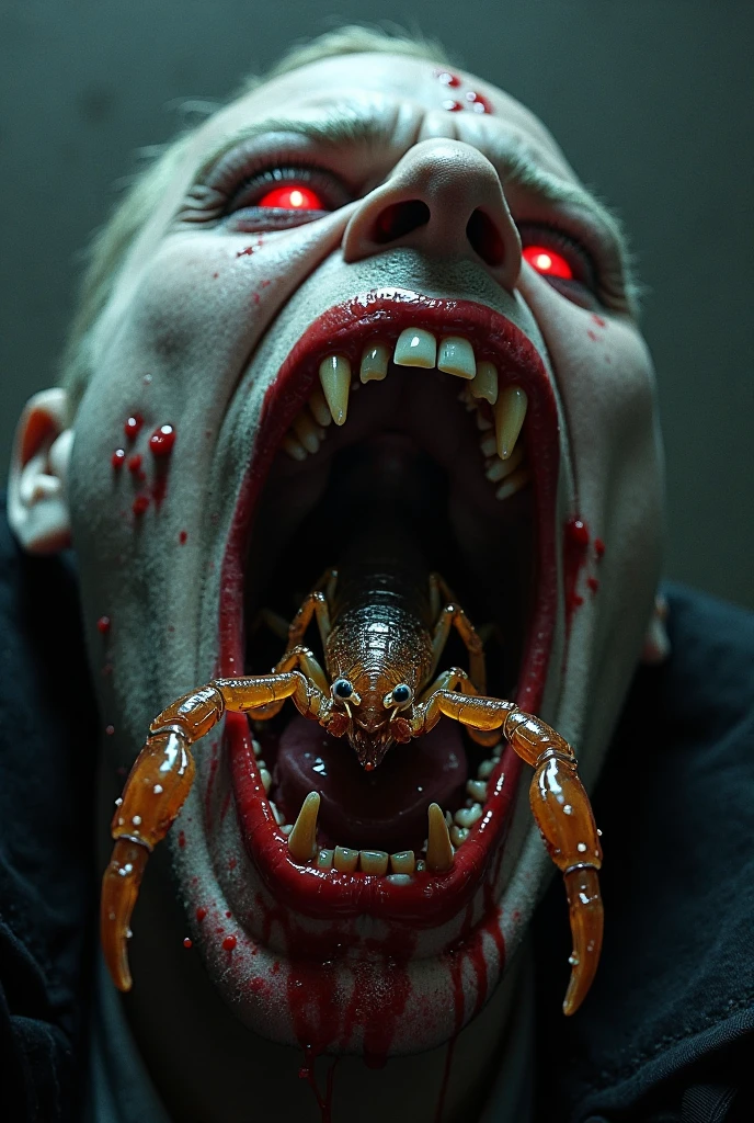 A bloody human head that transforms into a spider that is coming out of its mouth