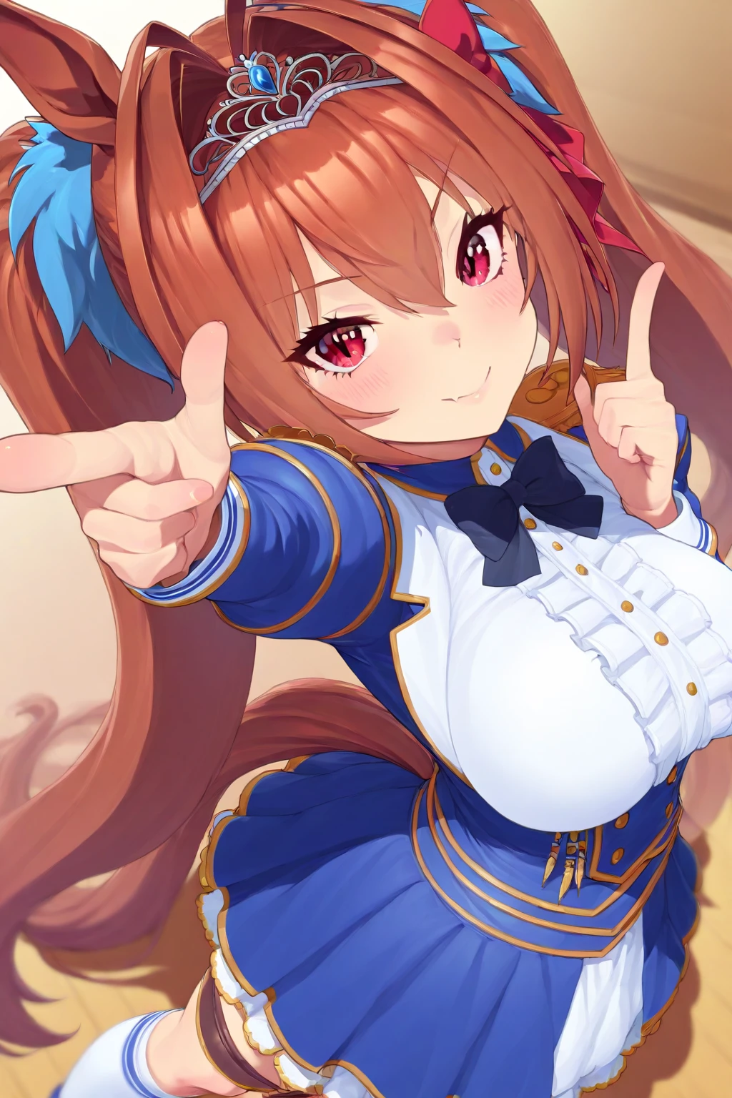 daiwa_scarlet_(umamusume) 1girl :d animal_ears bow bowtie breasts brown_hair fang from_below hair_intakes horse_ears horse_girl horse_tail large_breasts long_hair looking_at_viewer looking_down petals red_eyes smile solo tail tiara twintails very_long_hair flat_coating clear_color highres absurdres best_quality
