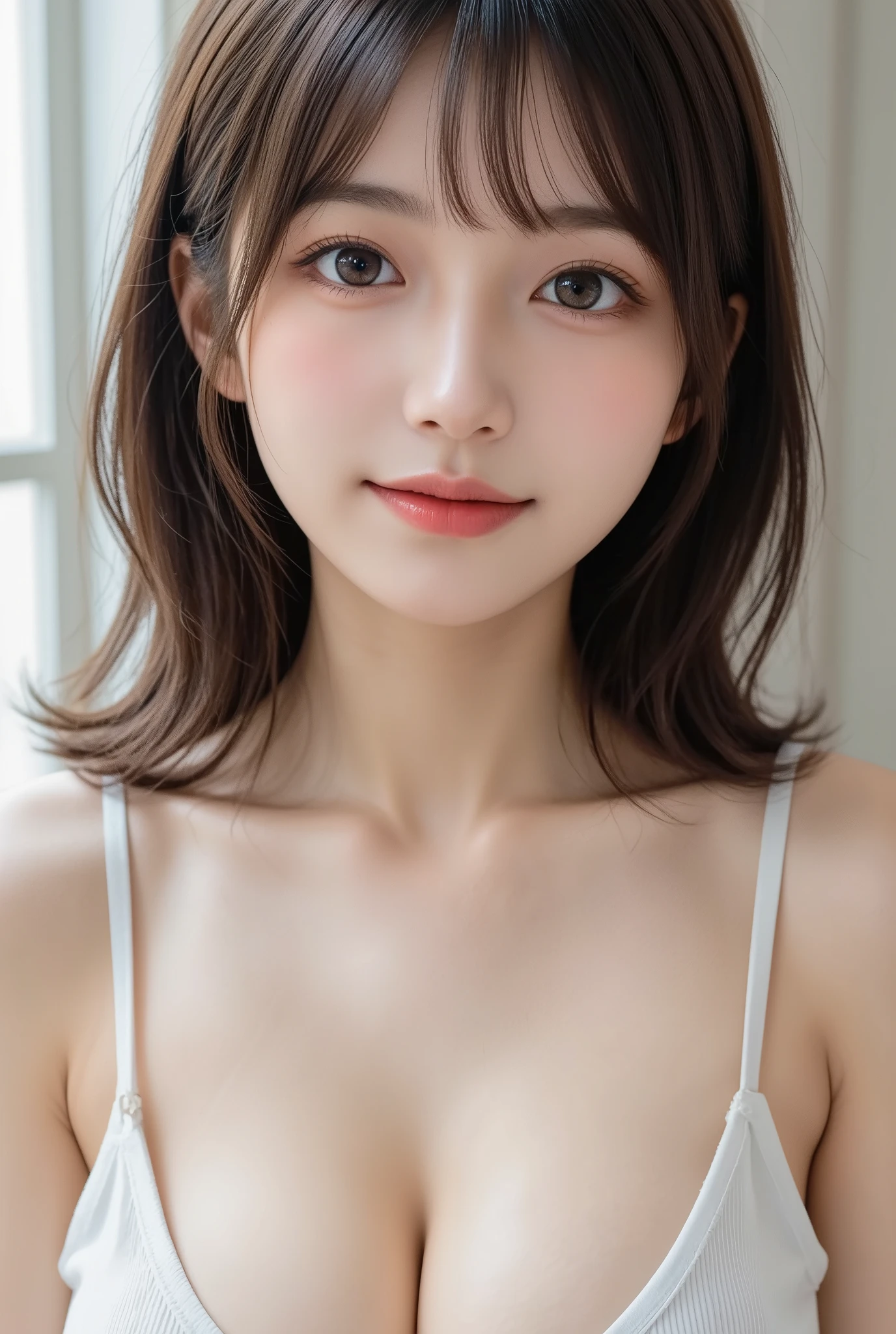 highest quality, RAW Photos, Realistic, face, Incredibly beautiful girl, cute，Written boundary depth, High resolution, Super detailed, detailed, Very detaileded, extremely detaileded eye and face, Sharp pupils, Realistic students, Sharp focus, Cinema Lighting, Japanese, Short women,  Physical build, Short arms, Long, narrow eyes, Fleeting atmosphere, 30 years old, Brown bob hair, ((thin lips)), White top and bottom underwear, Masterpiece, highest quality, Detailed skin, Detailed face, Fine grain, 8k, Excellent anatomy, Upper body portrait，flat breasts, small breasts, small,( small bust: 1.2), small bust, (slim, small, flat, small), thin, Delicate and sexy collarbone, (White shirt:1.2), (Lifting ワイシャツ to show off a small white bra:1.5)))，((Whole Body Ezbian))，