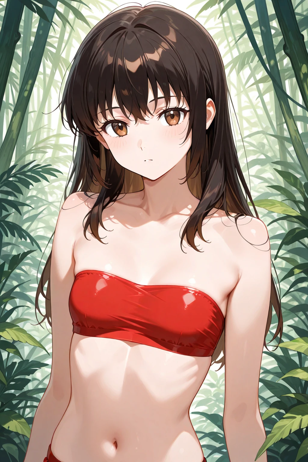 Fantasy art、((masterpiece,best quality anime,Highest quality:1.3)),realistic,portrait,cowboy shot,1woman,(Mature Beauty),((very small head:1.4)),((very long body:1.3)),long hair,black hair,bangs,(gorgeous big eyes),black eyes,shy,tears,((slender body:1.3,skinny:1.2)),medium breasts,Wet:1.3,(Red Bikini),navel、sitting,spread legs:1.3,legs up,Bathing、stream、forest、A world of magic and fantasy、nsfw,