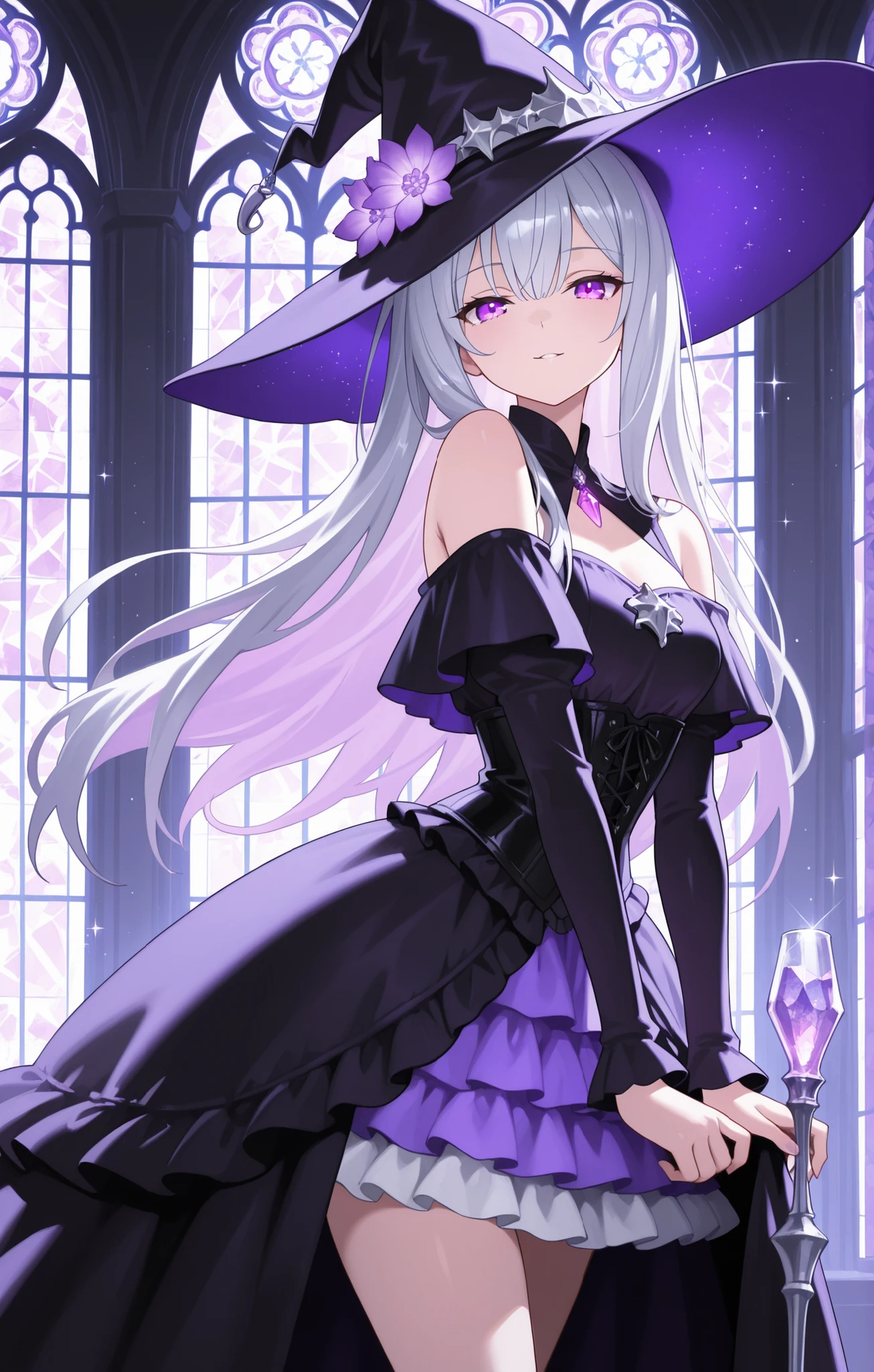 masterpiece, best quality, get murasaki shion, dress, silver hair, small breasts, witch hair