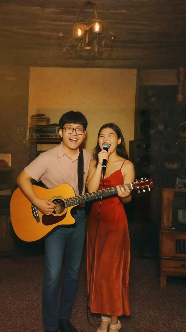 girl singing , boy playing on the guitar, realistic photo, no cartoon.