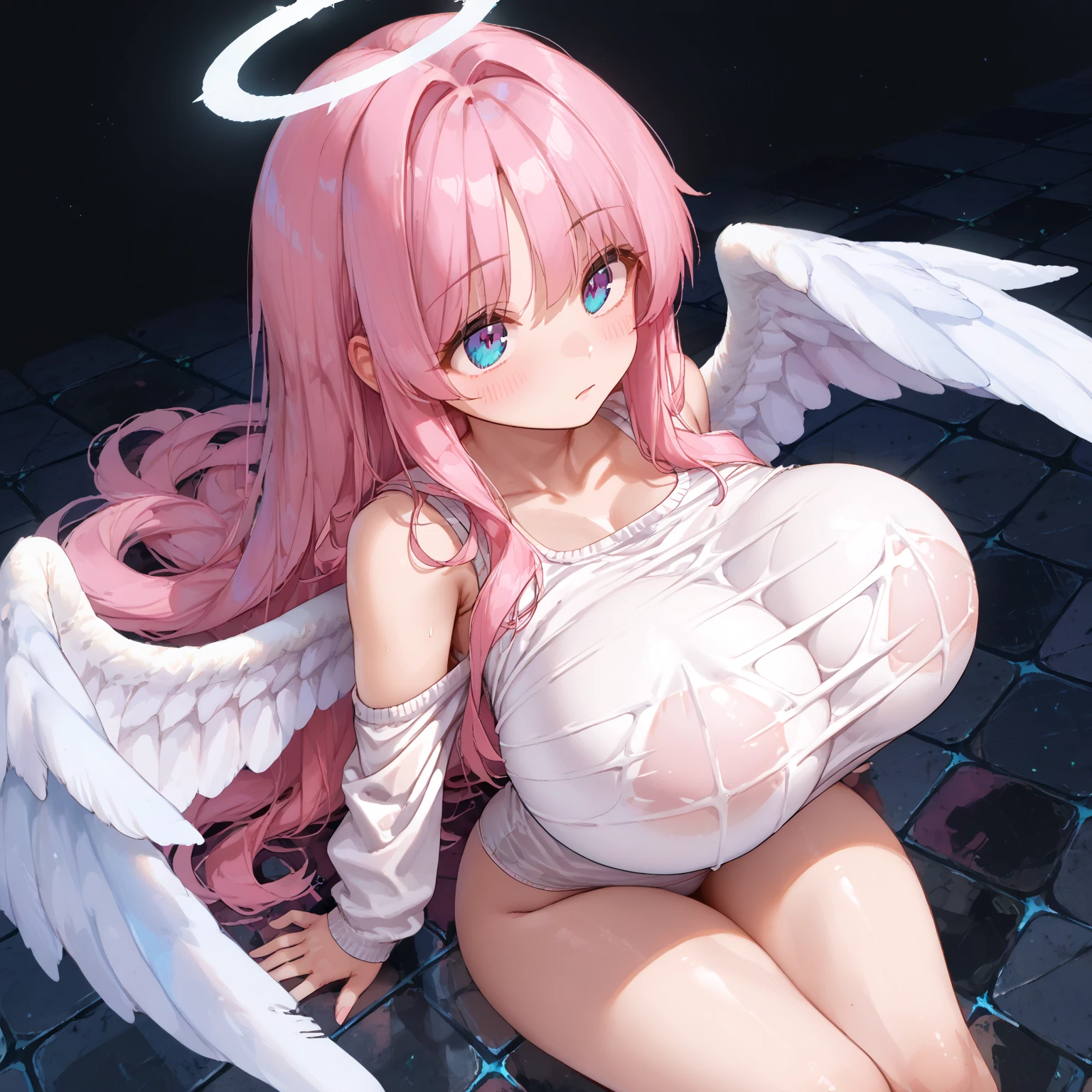 Anime girl with angel wings and a bikini top, super wide angel, OPPAI, full - body majestic angel, Diosa del anime, Rayo divino sobre su cabeza, a human-like juicy peach, alas enormes, masterpiece, estilo render 3D, parece una figura coleccionable
