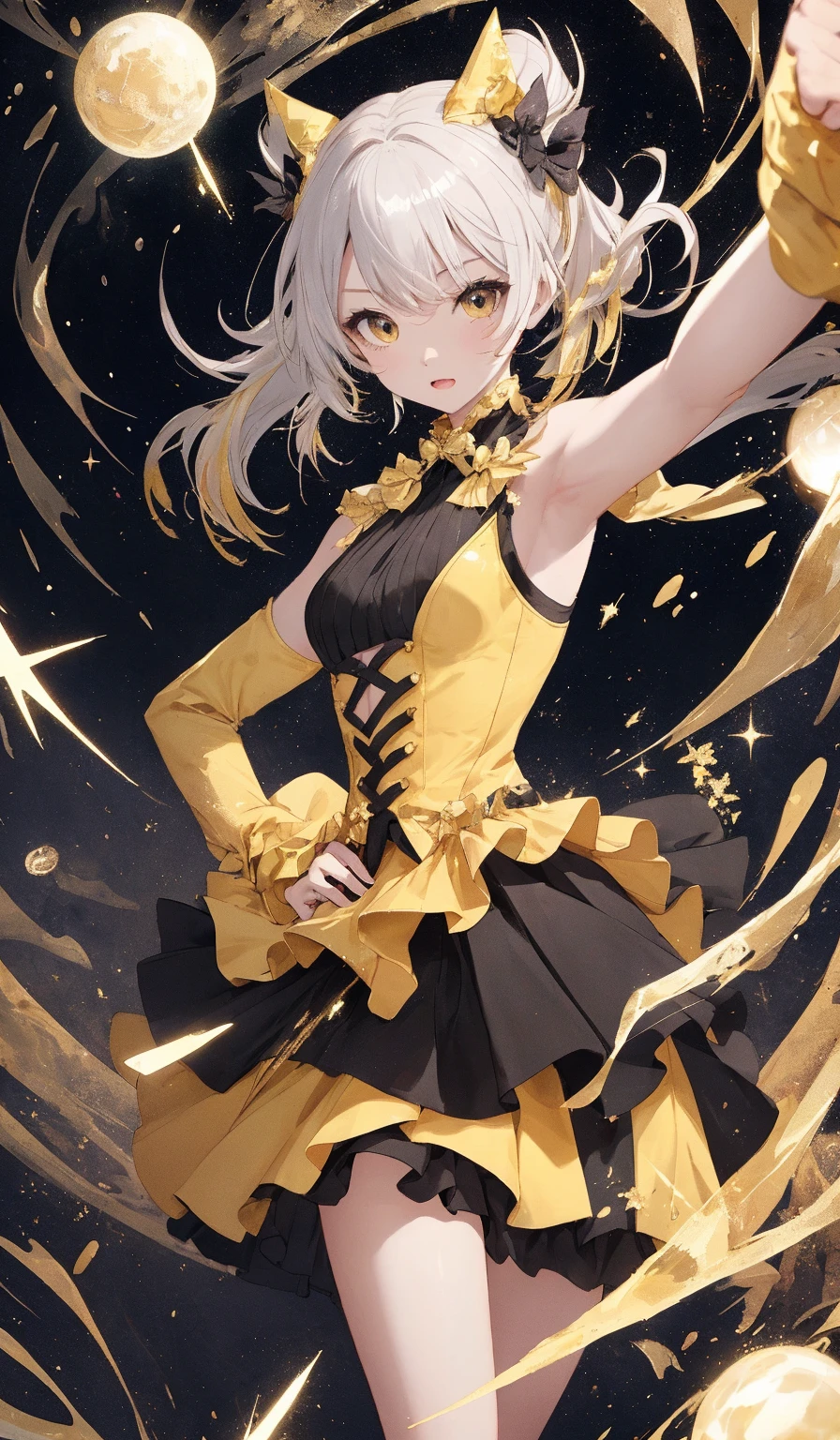 Masterpiece, 4k wallpaper, Cinematic light, absurderes, protrait 1girl, amber hair, Silver earrings, (little crystal floating:0.6), Crystal floats, particle glowing, Fantastic gold costume,(Transparent material of clothes:1.5)