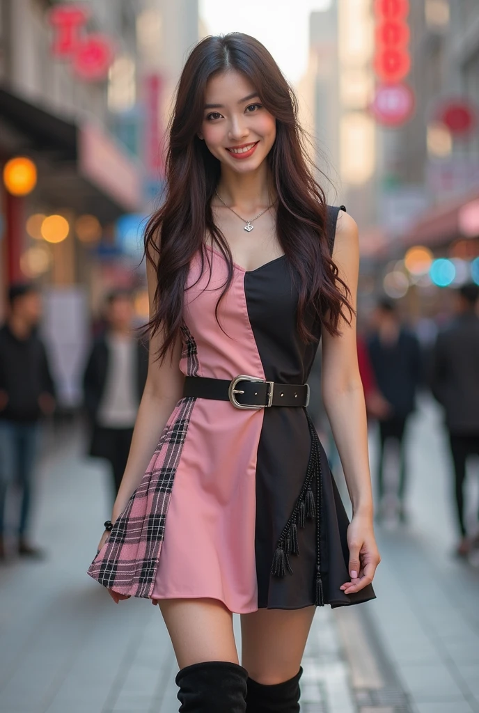 A beautuful girl, dark hair, pink skirt dress, red lips, smiling, looking very adorablae, dark background, realistic, 4k