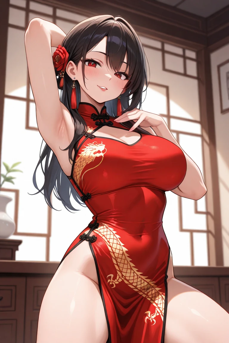 ((masterpiece))),(((Super detailed))),(((In 8K))),(((Black Hair))),((Red eyeliner)),alone,Beautiful detailed black eyes,A double bun with a sparkling hair accessory,Slender body,((Large Breasts)),((Embarrassed)),Beautiful posture,((Mini cheongsam with slits)),(((Red with gold embroidery,Very delicate floral pattern))),Alluring cleavage,Beautiful thighs,,(((Chinese Restaurant))),(Depth of written boundary)