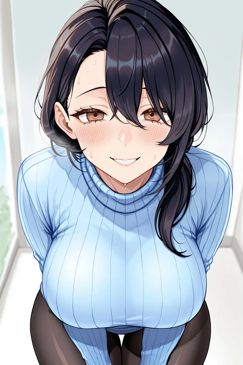 Amazing portrait of a sexy woman wearing her luscious black hair in a cute ponytail, seductively gazing and smiling, soft lips, parted, blushing intensely, smiling, dark green sweater, cream cargo pants, medium chest, perfect body