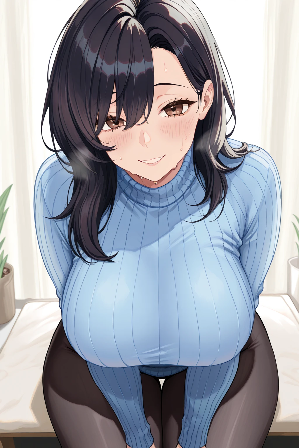 detailed illustration, dynamic angle, ultra-detailed, illustration, 1girl, mid 40’s year old, dark, night, in a fancy home, sitting in the living room, wood paneled walls, beautiful wood table, dark wood floors, oriental rugs, nighttime, obese and thicc milf , silk waist-long dark hair , big round firm belly, purple sweater, strained pants, soft smile, motherly and nurturing, look, cute, tight clothes, tight pants, erect nipples,