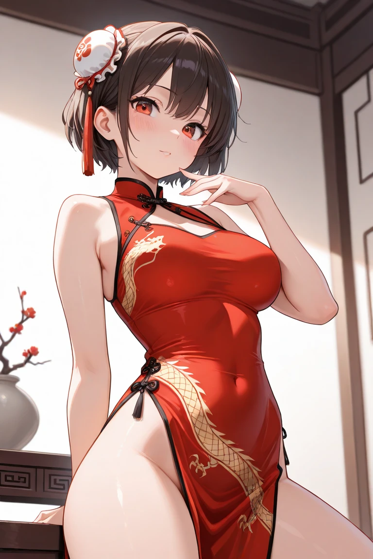 NSFW,Aarinko、short hair、Black Hair、Bobcut,Small breasts,(Red Chinese dress:1.5),Sleeveless,(China:1.3),Embarrassed,blush,(Being sexually aroused:1.5),(Perfect hands),(Perfect Anatomy),(masterpiece),(highest quality),One man,(Doing sex:1.5),(Ecstasy face:1.7),(orgasm:1.3),Lift your butt