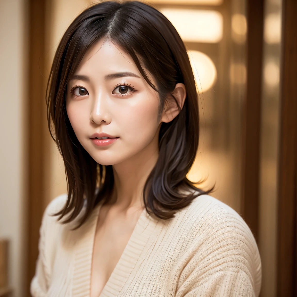 8k, Highest quality, masterpiece, Realistic, Photorealistic, Very detailed, Natural light, Mid-chest, I can see her cleavage, (Light blue V-neck knit), 1 person, 35-year-old woman, (Looking at the camera), (View from the front), Beautiful Hair, Floating Hair, meanwhile, Very detailed顔と肌, Detailed eyes, Very detailed顔と肌