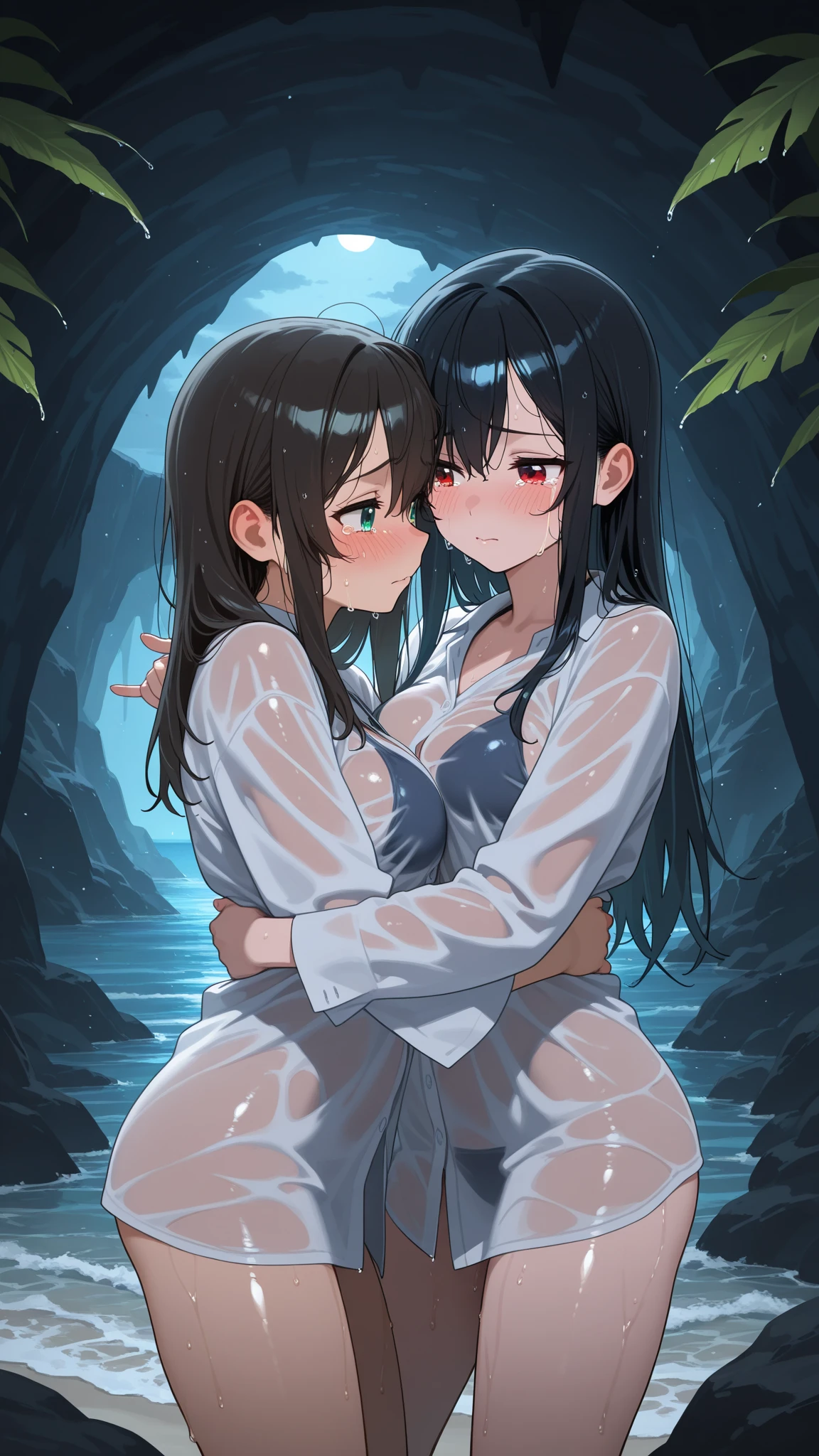 (anime),(Two Women),(Completely naked),(background:Poolside),(Black Hair),(Lesbian Sex),(Ahegao),(Squirting),(The attacker is a futanari)