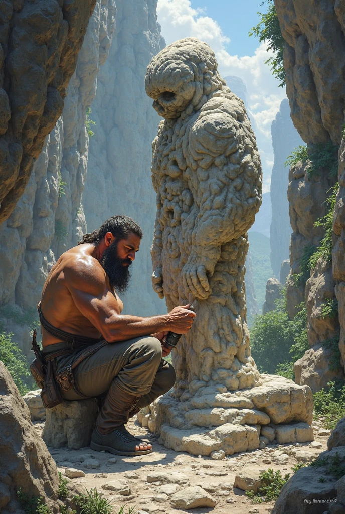 (best quality,4k,8K,high resolution,chef-d'artwork:1.2), Ultra-detailed, (Realistic,photoRealistic,photo-Realistic:1.37), Golem drake lion en pierre , gemmes, Detailed textures, imposing creature, monstrueux, la civilisation ancienne, Mystique, RPG, vignes, ((temple souterrain)), panoramic view of the valley, Hidden secrets, (camaraderie)