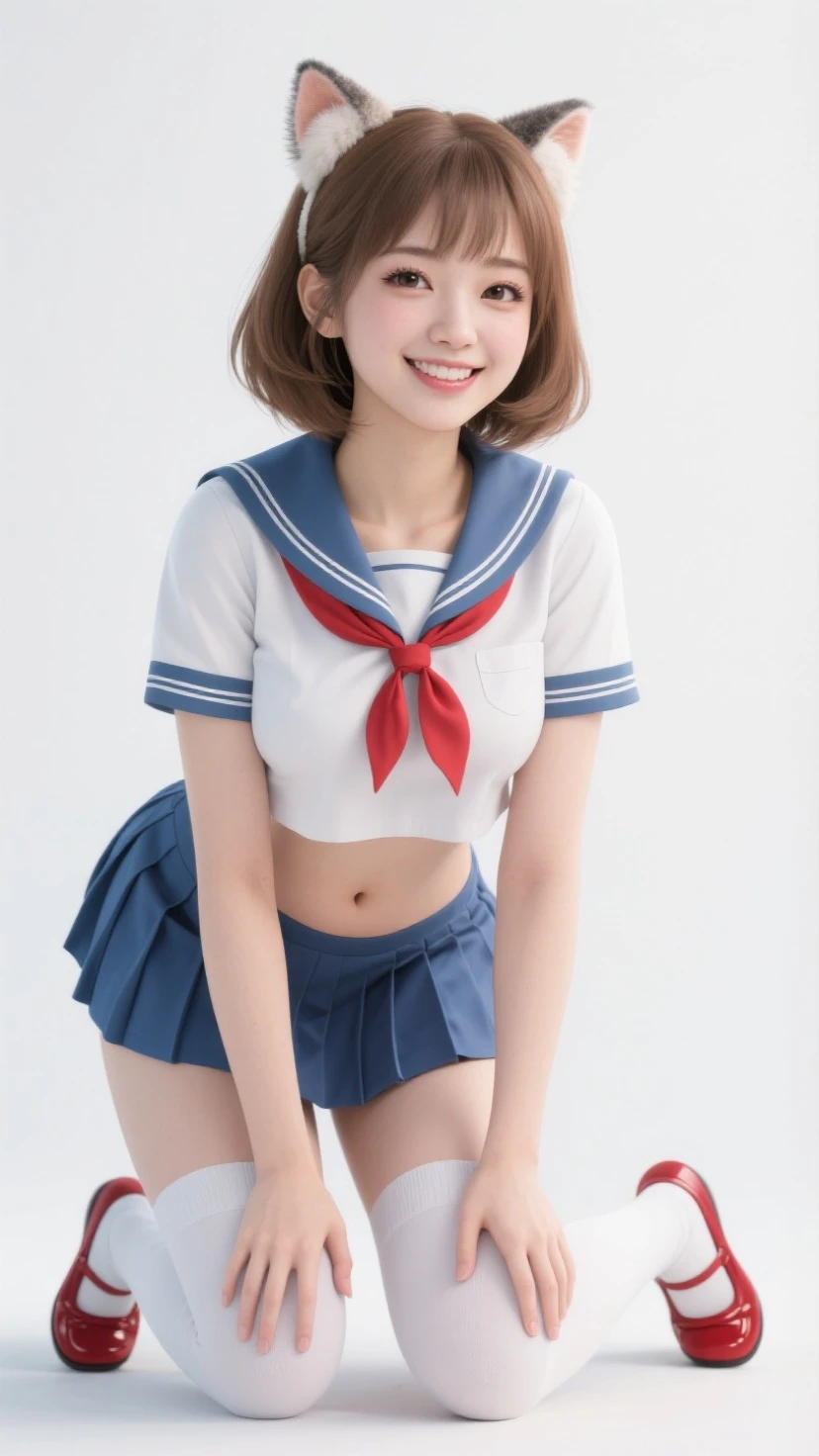 (best quality,ultra detailed,highres,HDR,8k,3D,realistic,photorealistic,super fine,cinematic natural light effects,official art,detailed background), ((very happy girl smile,young,Japanese,small face beauty):1.3), ((kawaii,round face,small face beauty):1.3), ((clothes reflecting light,elaborately designed clothes:1.3,super detailed skin):1.3), (dynamic pose:1.3), (multicolored hair:1.2), (Dip dye hair:1.1), (large breasts:1.3), (wide hips:1.3), ((Sailor uniform: 1.4), (Plain high-leg swimsuit: 1.2), (Thighs), (Pastel colors: 1.3), (Navel), (Niso: 1.3):1.3), ((Penrose tiling background):1.3)
