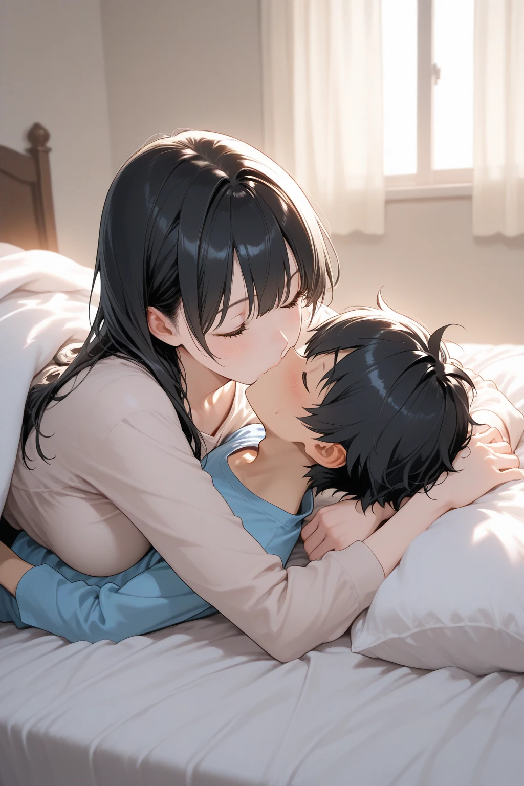score_9, score_8_superior, score_7_superior, 1 little boy, A mature woman in underwear, (Mother and son), child, hug, kiss, Put your hands on your head, Kneel, In the room、Cum in pussy