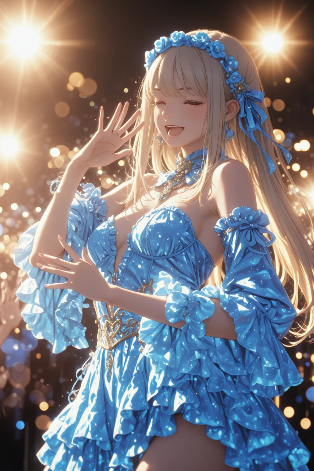 (masterpiece:1.5),(best quality:1.5),(ultra-detailed:1.5),illustration,(1girl:1.5),(solo:1.5), anime,charactor,lora,cowboy shot,perfect face,lustrous skin,long hair,beautiful detailed eyes,beautiful flowing hair,(holographic:1.3),(holographic clothing:1.3),(bloom),stage lights, ray tracing,outdoors,black background, light particles,absurdism,hair ornament, hair ribbon,looking at viewer,ahoge,large breasts, (deep depth of field:2.0),