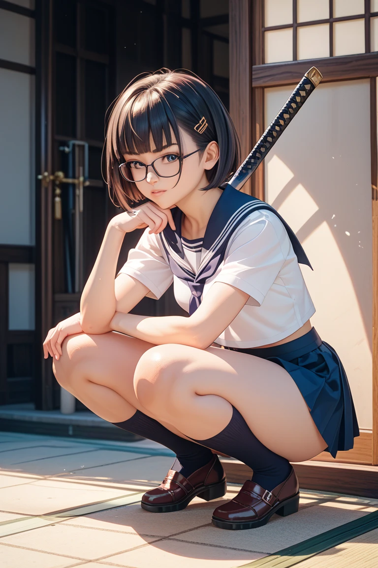 High resolution, Highest quality,  super high quality, Very detailed, 8K、(underwear:1.2)、、Embarrassing、Sweaty、Sweat、Embarrassing、(masterpiece:1.2, Highest quality), (Realistic, photoRealistic:1.4), Beautiful illustrations, (Natural Side Lighting, Cinema Lighting), View your audience, whole body, 1 Girl, Japanese, high school girl, Perfect Face, Cute and symmetrical face, Shiny skin, Baby Face, (short hair, Low Twintails,Black Hair), Hair between the eyes, black eye, Big eyes, Droopy eyes, (Center of chest, Captivating thighs, Big Ass)、(Glasses:1.2)