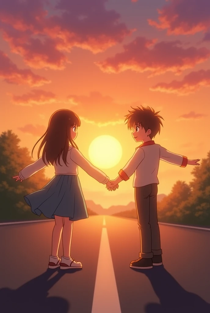You can make 2 girls and 3 boys hugging each other and smiling next to a sunset and pink trees Anime version