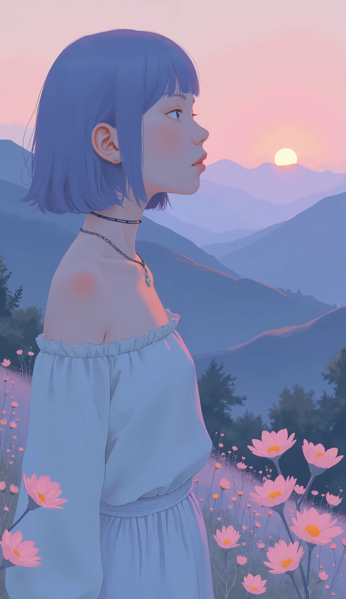 A serene landscape with diffuse lighting gives warmth to the、and spreads out in a palette of soft pastel colors that give a sense of serenity. soft outlines suggest delicate features, on the back, Blue and, scene, dreamy atmosphere. Mountain in the background々はBlue andラベンダーの層で微妙に描かれています, the sky mixes shades of pink. In the foreground, The characters are drawn from above their shoulders, is subtly drawn with layers of blue and lavender. The figure is wearing an off-the-shoulder neckline dress and a thin choker, Both are painted in soft tones that enhance the overall gentle aesthetic. The lighting diffuses, emphasizes delicate flower details, creating a peaceful atmosphere, harmonious atmosphere, adding depth and distance.