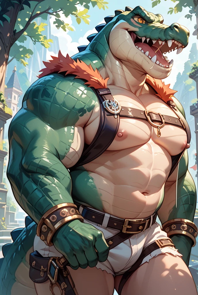 male, solo, alligator, full body, Delicate face, Delicate eyes, realistic, masterpiece, Ultra highest quality, unreal engine, trending on ArtStation, Intricate, Ultra High Detail, dramatic, realism, realistic, standing, muscle, scalie, day, looking_at_viewer, Ultra detailed eyes, Ultra detailed body, Ultra detailed face, outside, expressive, masculine, devilish smirk) 8k HD, hdr, masterpiece, red mohawk, star sunglasses, crocodile tail, full body, detailed eyes, red eyes, glowing eyes, bara, beefy, star shaped shades, (by null-ghost,by darkgem,by pino daeni,by zoroj, by redrusker)