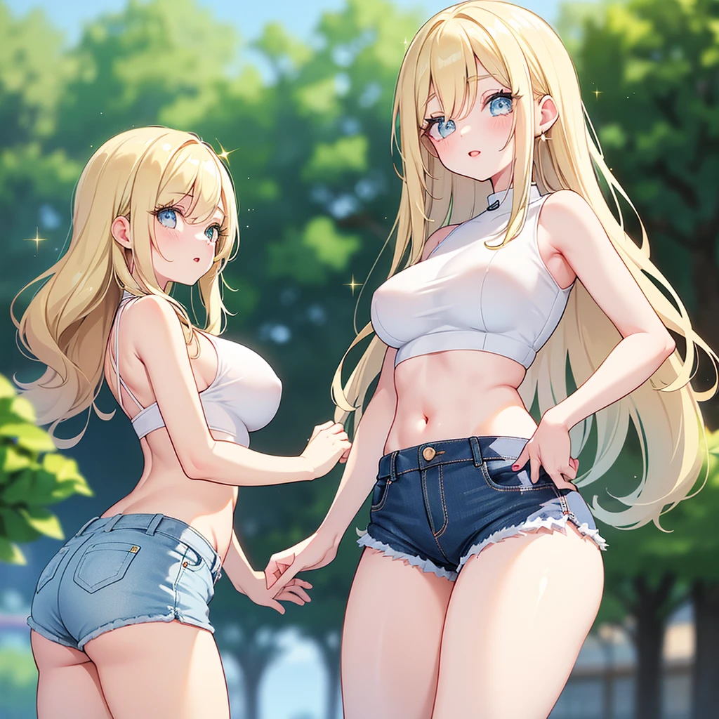 2heads, tall thin woman with 2 heads. Massive breasts. Mature. At a music festival. Drinking a beer. Festival attire. Deep cleavage. Messy hair. Happy. Smiling. Blushing. Cool expression, smug. Think eyeshadow. Seductive. Pulling shirt, touching breasts. Huge thighs. Extremely huge breasts. Girlfriend. Selfie, POV selfie, talking a selfie.