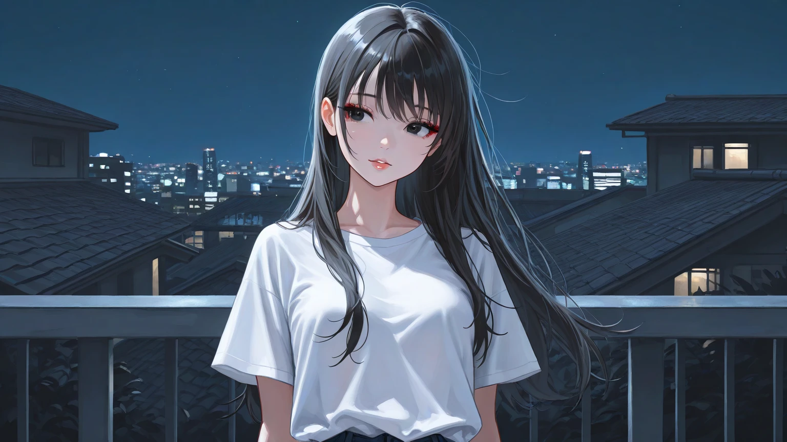 (see-through wet shirt, wet hair:1.2), side angle, (Resting hand on chin:1.3)、Upper Body, Realistic, real person, (pale skin: 1.2), RAW photo, photorealistic, portrait photography, shiny skin, japanese idol、shiny hair、(25 year old woman with medium hair with bangs) and (wavy hair) and (brown hair) and (orange eyes) , plain white t-shirt 、(surprised:1.3), open mouth, The background is the entrance of the apartment at night.、Alone、Are standing