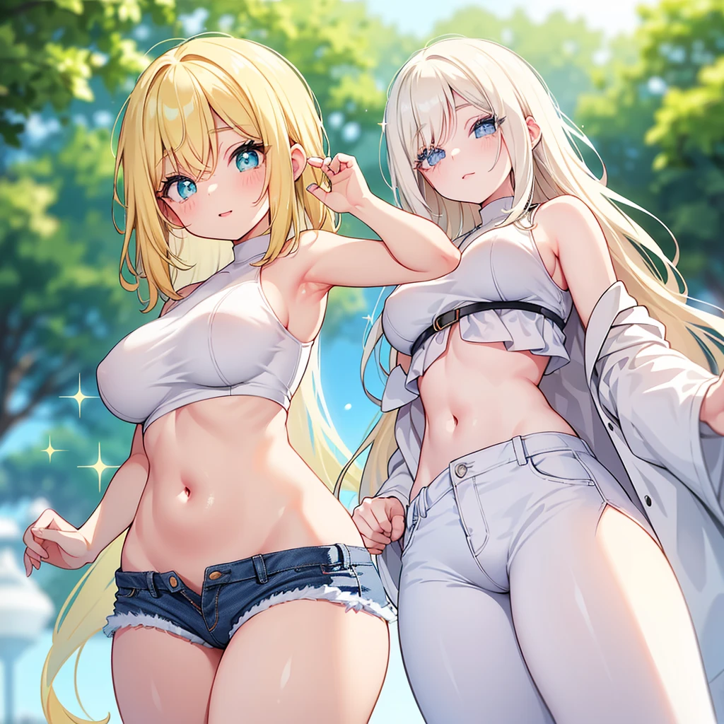 ((Highest quality, High resolution, masterpiece, detailed)), Faint lighting, Depth of written boundary, View your viewers, Anatomically correct, woman, Perfect Face, Cute and symmetrical face, Elf Ears, Beautiful blonde Hair, Beautiful Face, Beautiful Eyes, Beautiful body, Beautiful voluotuous breasts, Beautiful belly button, Beautiful waistline, Beautiful thighs, Beautiful legs, (Long Hair, Platinum Blonde Hair), (Mischievous Smile), Sexy pose, (small jeans shorts), (white tank top), (big cleavage), (Beautiful views), Fantastic World,