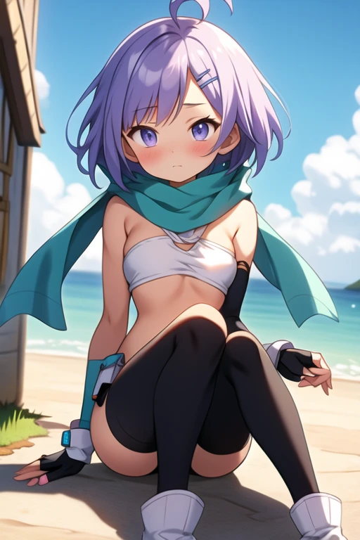 (((scrawny))),(Wheat skin),(Dark Skin),((high school student)),((tanlines)),(side ponytail,ahoge,One eye is covered by hair),((Purple Hair)),(fluorescent pink streaked hair),(Green Eyes),Slanted Eyes,Scrunchie,BREAK,(Micro Bikini),((One leg up)),Cowboy Shot