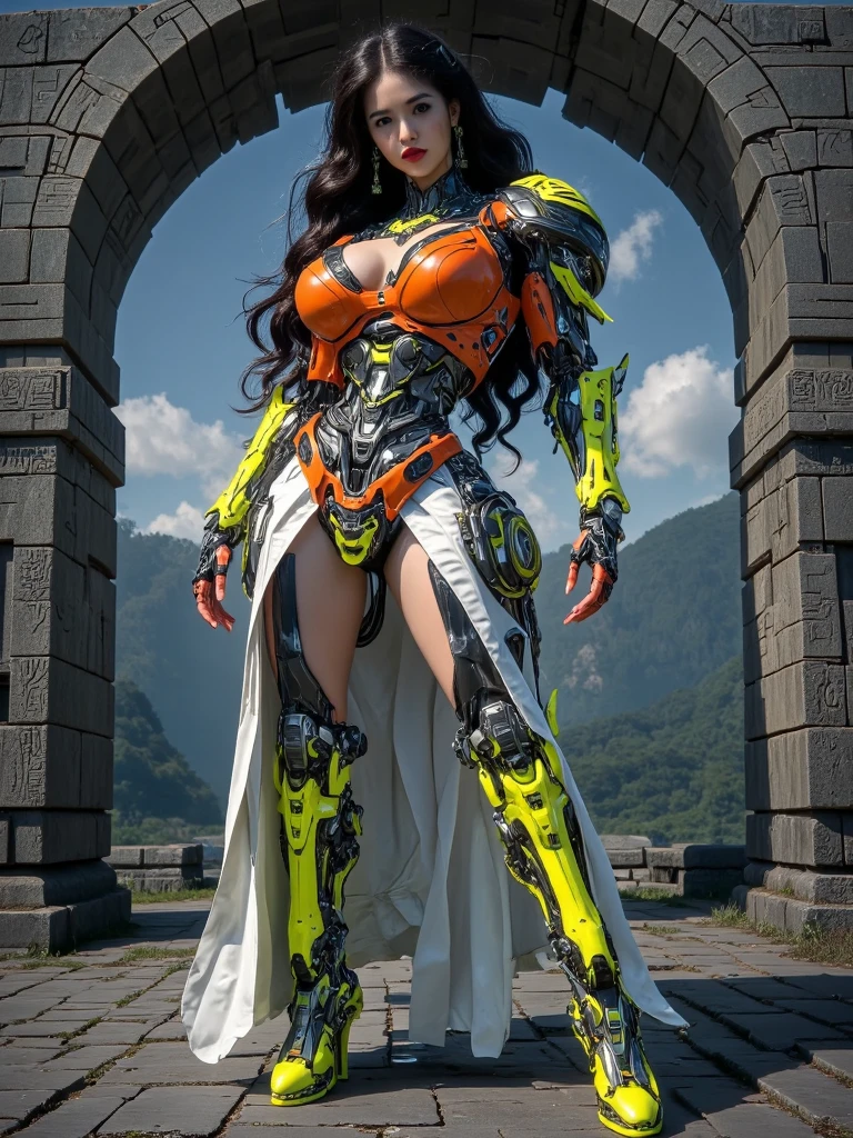 ((Unreal Engine 5)), Realistic Rendering, Excellent, lights on suit armor, (Yoga Pants), looking on viewer, posing walkdown on street, beautiful face, makeup, (photorealism:1.2), ultrarealistic uhd face, (huge fake boobs:1.4), (gigantic breasts:1.1), (muscle abs), (big butt), (wide hips), (thick thighs), slim waist, hourglass figure, half body, ((glowing skin)), ((shiny skin)), Realistic body, ((she is sexy)), ((clean skin)), photorealistic, bokeh, motion blur, masterpiece, highres, 1080P, super detail, textured skin