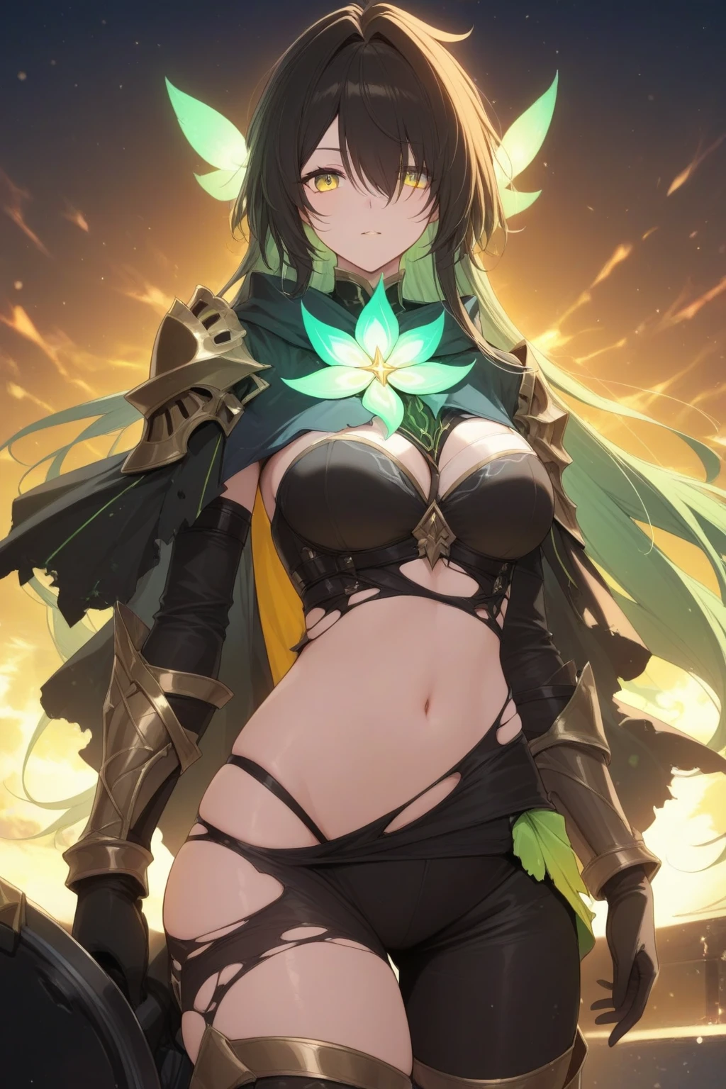masterpiece, highres, absurdres, illustration, full body shot,((masterpiece:1.4, best quality)), (Ultra detailed background), magical long wand, Knee-high boots, dynamic angle, highly detailed beautiful face and eyes, beautiful eyes, (sharp detail:1.3), 1girl, solo, alone, full body, AddXL, black hair, long hair, yellow green eyes, large breasts, smile, gray lips, skinny, black dress, expose skin, flower, rose, jewelry, nail polish, ring, hair ornament, flower ornaments, black nails, cowboy shot, White hell, masterpiece, best quality,white hell, 1girl, malleus draconia \(twisted wonderland\) horns,AddXL