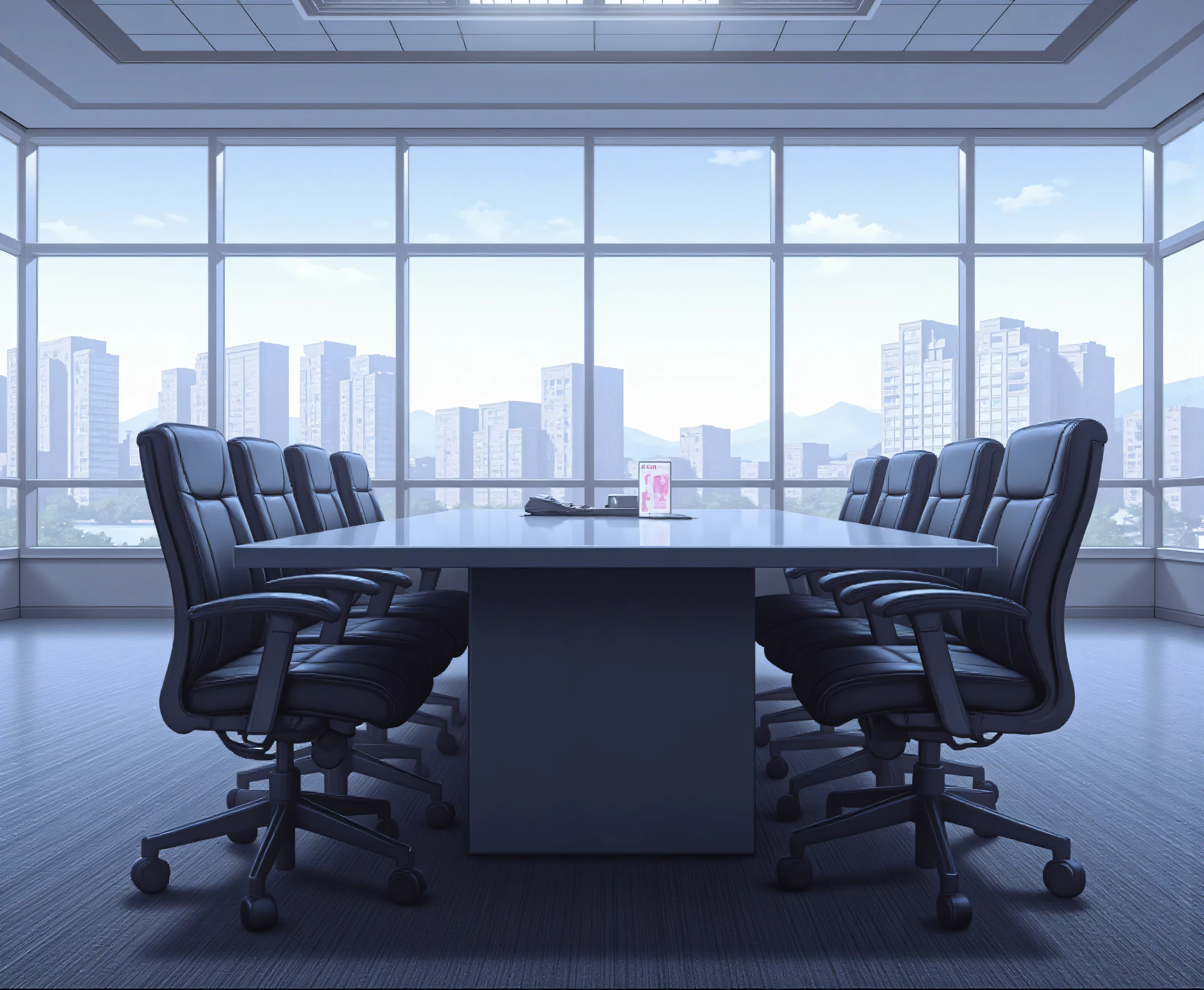  A very modern conference room，Empty，Spacious and bright，The large black long conference table takes up the picture space，Office chairs are neatly arranged next to the conference table