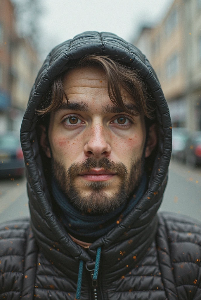 Picture of a boy alone. She is crying and tears are falling from her eyes. He has a beard on his face. He is on the road. 