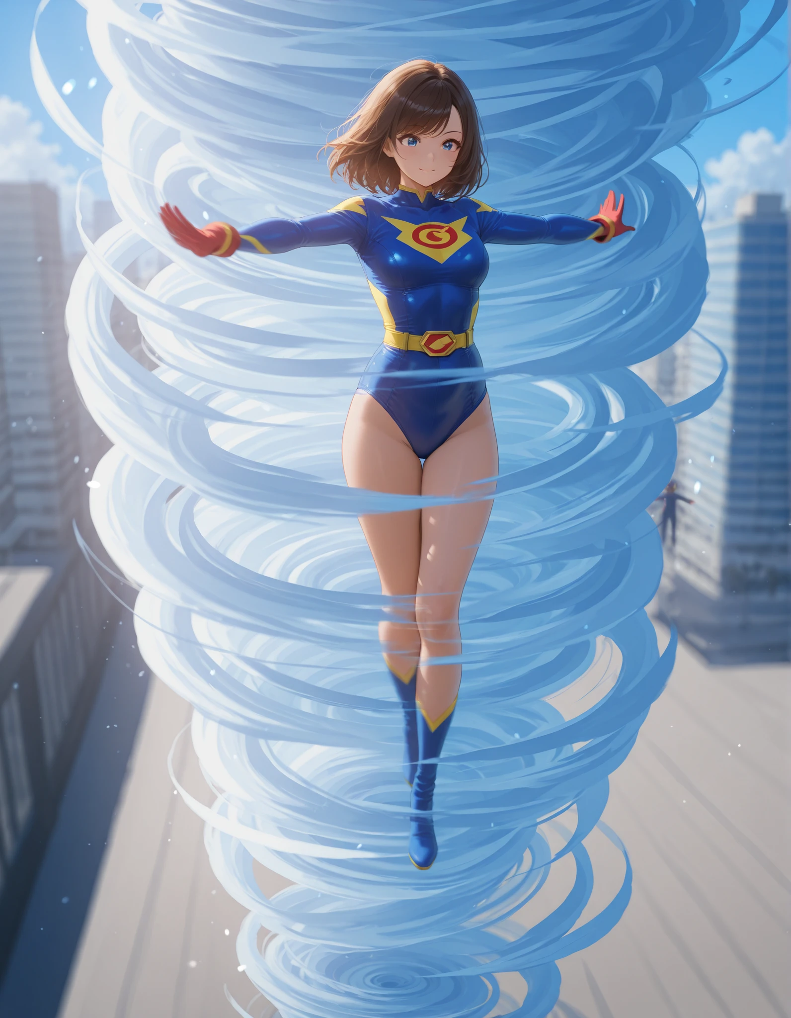 1girl, solo, solo focus, female superhero, medium breasts, leotard, red and blue leotard, bare legs, boots, matching boots, gloves, matching gloves, brown hair, blue-grey eyes, full body. (she spins) at an (incredible speed), creating a whirlwind of air around her. curved sword smash. ((she spins)) into a ((tornado)).