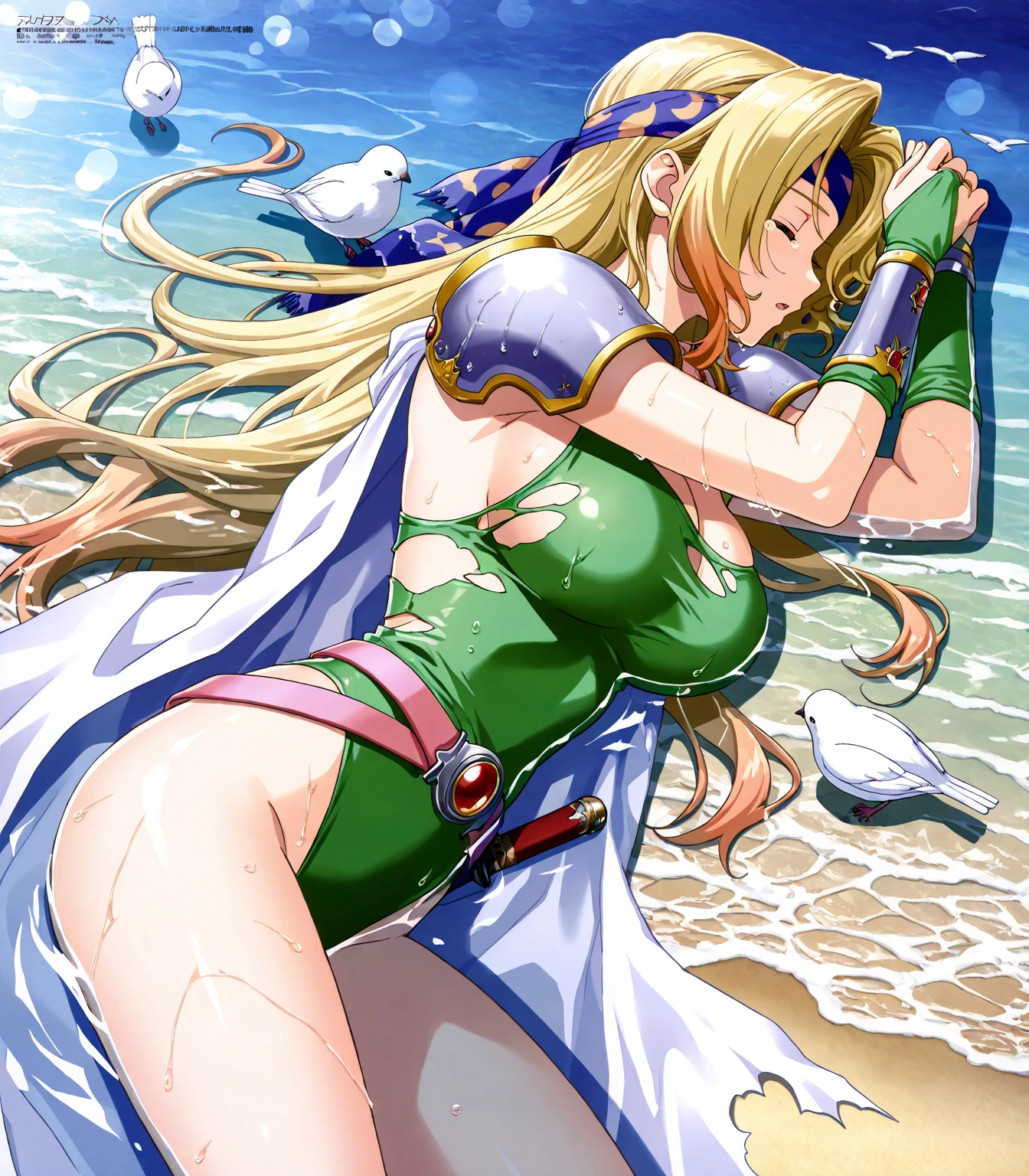 Masterpiece,4k, uhd,illustration, best quality, best anatomy,upscale, illustration,one person, full length, laying on the sand,top view,Jolyne Kujo,angry face ,dark green and yellow hair,mixed hair color,deep green eyes with highlights, beautiful eyes, fit body, beautiful hands, well-groomed nails, dark green nails,medium breasts,best quality breasts, neat nippels, best quality nipples, topless,bottomless,naked,pussy ,best quality pussy,skinny thighs,long legs,(background: shopping mall, elevator, people )