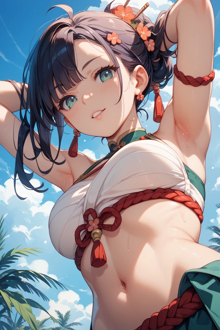 Japanese,Innocent face,Teenage Girl,cute,marble cute micro bikini,Close-up photo from the waist up,double bun,blunt bangs,short hair,Hair Clip,(blush)