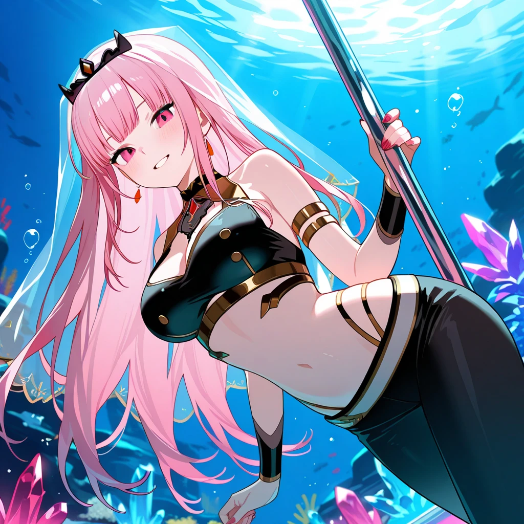, a wide angle picture of a female human druid swimming along her pet shark, priest of underwater nature, cleric of underwater nature, art full body, ((anatomically correct)), dynamic position (intricate details, Masterpiece, best quality: 1.5) talking to a shark (intricate details, Masterpiece, best quality: 1.5) under the sea  (intricate details, Masterpiece, best quality: 1.5), a human woman wearing scale armor ((intricate details, Masterpiece, best quality: 1.4) leather boots, armed with a sword, GLOWING WEAPON, thick hair, long hair, pink hair, tan skin intense brown eyes, undersea background (intense details),  night undersea( (intricate details, Masterpiece, best quality: 1.5)high details, best quality, 16k, RAW, (ultra detailed: 1.5), masterpiece, best quality, (extremely detailed), dynamic angle, ultra wide shot, RAW, photorealistic, fantasy art, rpg art, realistic ), dynamic angle,  (intricate details, Masterpiece, best quality: 1.5)), high details, best quality, highres, ultra wide angle, Wielding sword, chumbasket art style