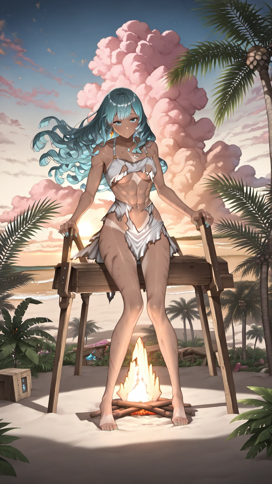 (Furina), 1 girl, blue eyes, blue hair, Topknot, Ahoge, hair over one eye, light blue hair, short fur, nails painted light blue, hat, black and transparent short panties, small transparent women's lingerie, (thighs muscular), muscular belly, big ass, thin waist, (big breasts), (((with hands on waist))), barefoot, (((full body photo))),Top hat, break looking at the viewer , (on the beach at night with starry sky and full moon), break (masterpiece: 1.2), best quality, very high resolution, Unity 8k wallpaper, (illustration: 0.8), (beautiful detailed eyes: 1.6), Extremely detailed face, perfect lighting, extremely detailed CG (perfect hands, perfect anatomy),