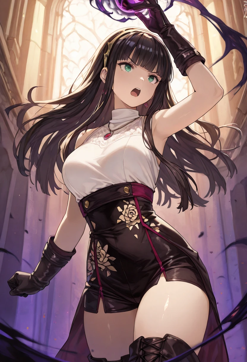 1 girl, alone, Yor Forger, masterpiece, Highest quality, High resolution, Long Hair, Black Hair, Side Lock, Gold headband, hair ornaments, Red eyes, medium breasts, thin legs, slender body, Gold earrings, jewelry, choker, Off the shoulder, Black Dress, Double-sided dress, Fingerless gloves, Black gloves, Thigh-high boots, Perfect anatomy black boots, (Purple lace Panties), From below, standing, show off Panties, Cowboy Shot, Outdoor