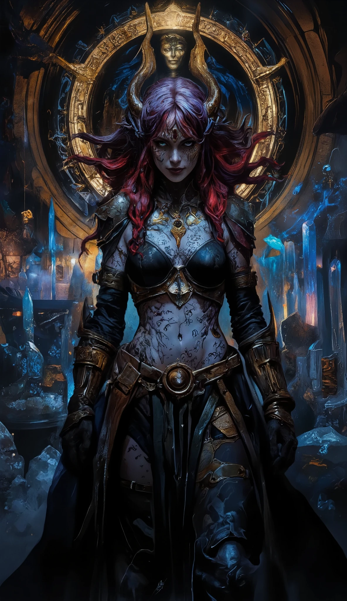 Hannah is posed amidst the forgotten priceless art of the lost kingdom of Mu, in a underground palace lit by bioluminescent fungi and dyes out in crystals. Besides the blue glow of the crystal lamps she is surrounded by a aura of darklight as we zoom in to a full portrait of a striking woman of vivid beauty smiling a tooth smile showing terrifying self-possession, beautiful monster, first woman and vampire, female ravishing vampire , Lilith The First Vampire, fantasy dark art, demoness, gothic maiden of the dark, succubus | medieval, goddess of wrath, want to create a tableau dedicated to portraying Lilith, queen of demons, first wife of Adam, first succubus. masterpiece. best quality. Aesthetic pose, perfect anatomy, gold and dark purple decorated warbraids, radiantly ironic and sinister eyes,beautiful cinematic painting, dark dramatic character, tattoos of demonic script all over body, sinister beauty, shapely tall figure, curvy lush body, a vibrantly sensual and murderous paragon of death seems a 28 year old Alexander the Great in feminine aspect, the same mad genius and presence of majesty only gods dragonslayers convey. Heroes and madmen, wizards and trickers, Violent Gods and Calculating devils and archangels of holy fire, cthonic elder horrors and Demiurges. She is a Goddess, with dark godrays crowning her glory and terrible beauty, masterpiece:1.3, perfect big breasts, beautiful hands , Glowing Skin , Face Focus , Delicate skin ), Perfect Face,depth of field,panoramic,full body shot, Realistic Portrait , exquisite five-fold ,Perfect Face 、(steam), panoramic,full body shot, , waves of layered crimson hair fastened with jewelry for armor, Sleeveless Tank Top with ample tattooed cleavage , Fit leather Dress armored in diabolically engraved bronze scales , combat boots The image