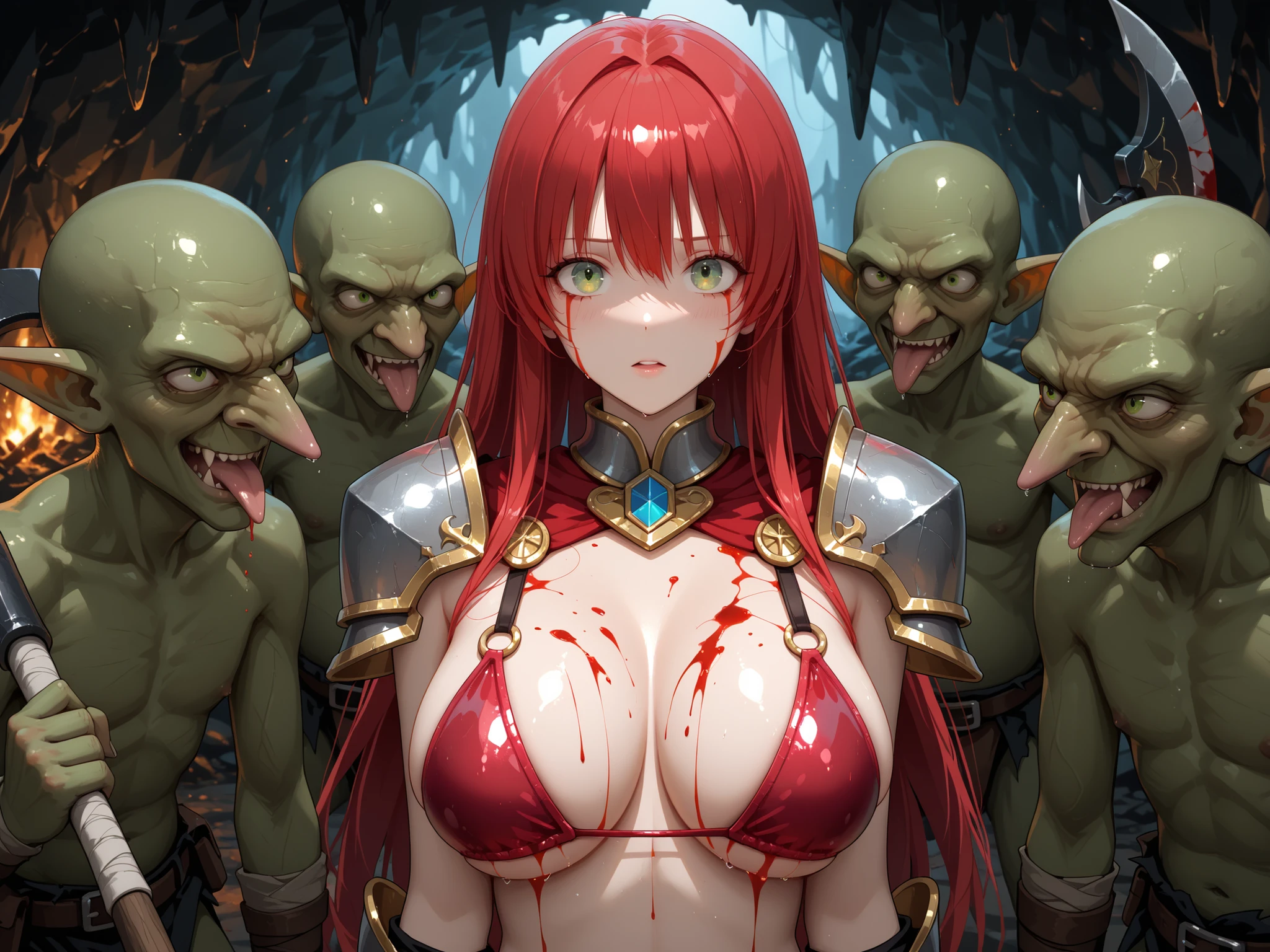 （collar, chain leash,black_thigh strap,big breasts:1.3,shiny skin:1.5),NSFW, blush、((pussyfocus)),(spread your legs:1.4),(open vagina, vivid pussy, high quality vagina:1.3),dark dungeon:1.5 slaves,blackのチェーン on the leg, legs are locked, put your arms back, blackのチェーン, perfect face, perfect eyes, perfect nose, shy eyes, beautiful body, perfect eyes, beautiful eyes, sweaty, sweaty, perfect breasts, perfect armpits, crying out for help, pain, tied to the wall, legs are locked, feet are fixed to the floor, Mouth perfect for girls, tied to the bed, covered with chains, (tied arms, put your arms back, code, tied legs:1.2), perfect body, perfect anatomy, 1 girl, 手首にはblackい足かせ, lie on your back、((pov,orczor,Orc and Kara are having sex:1.5、Orc and woman having sex:1.5))
