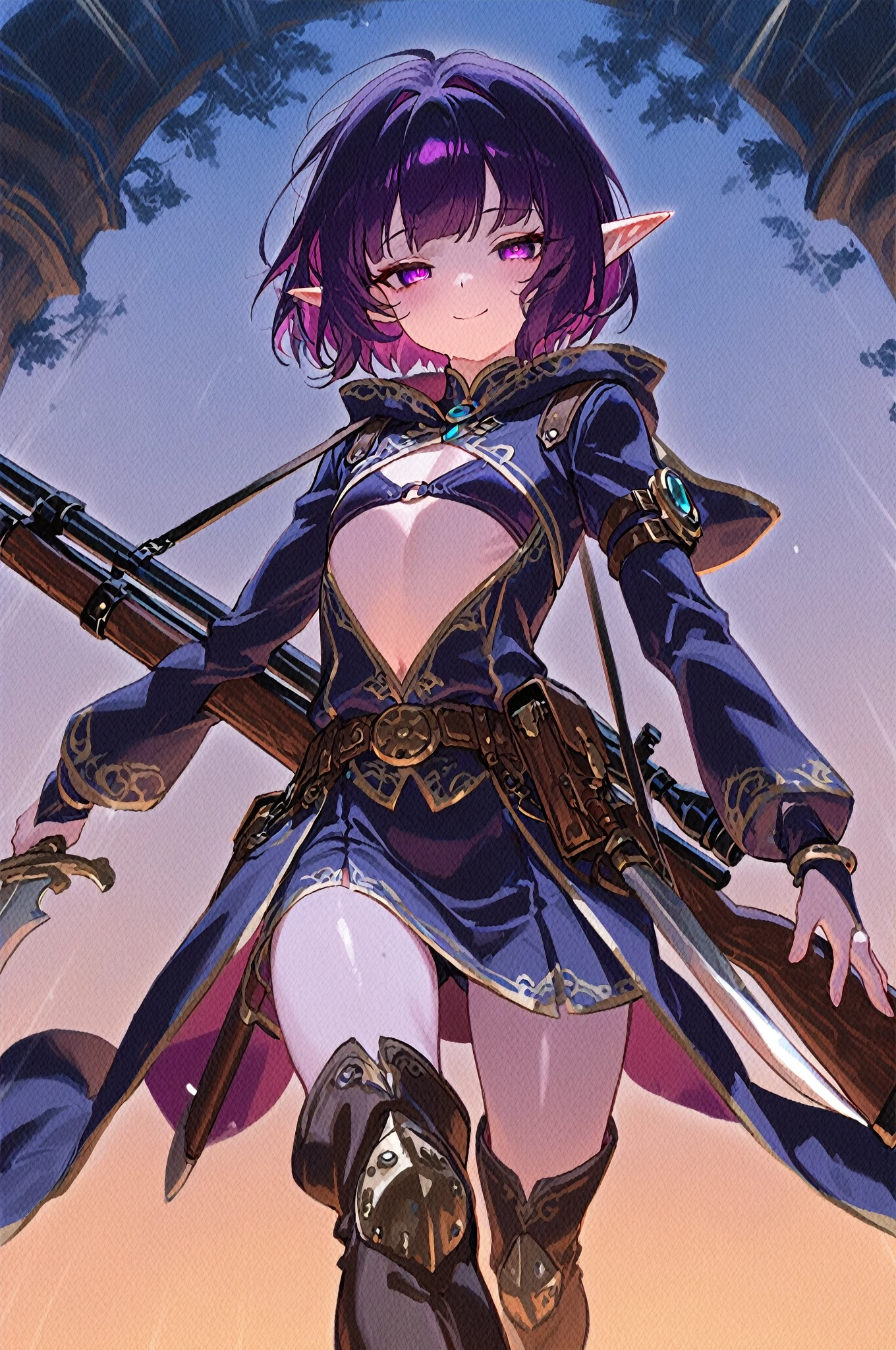 1girl, solo, ((dark skin)), purple hair, bangs, hair over one eye, medium short hair, medium breasts, pointy ears, sharp eyes, gold eyes, serious face, leotard, navel line, ((highleg leotard)), coat, Bow and arrow, face close up,