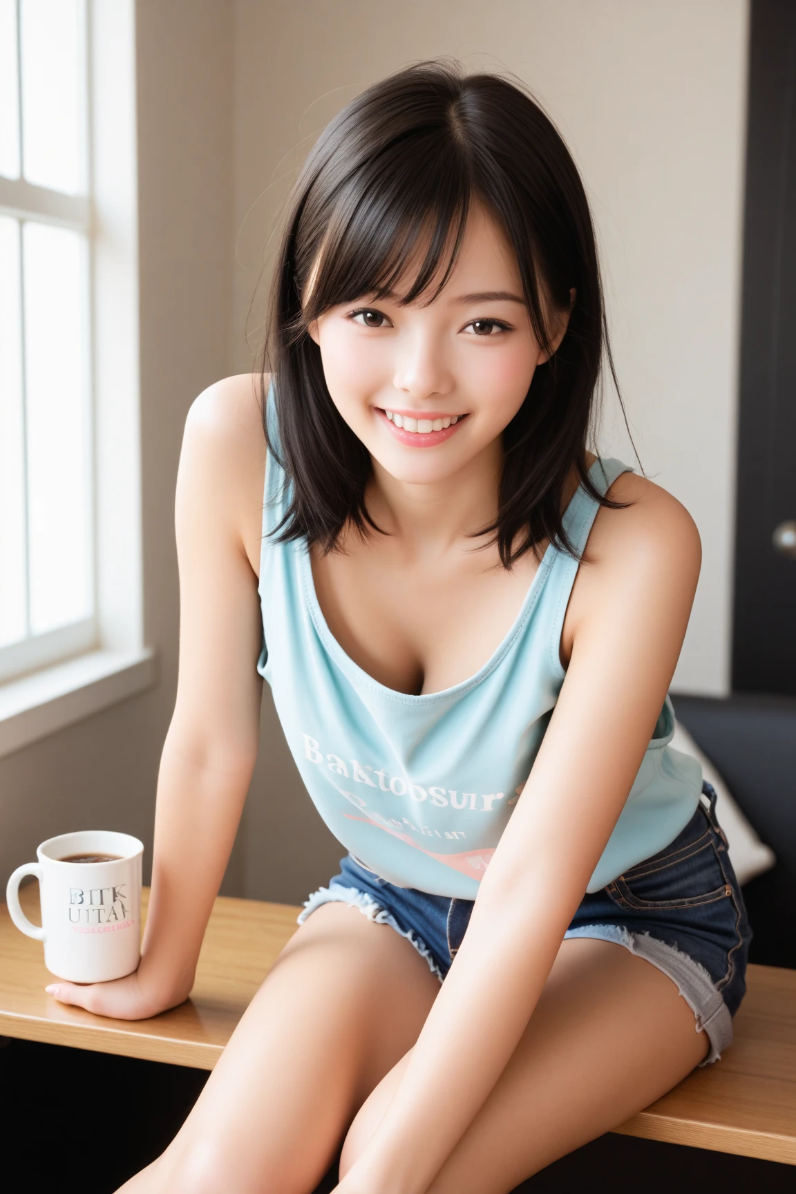 ((Highest quality)), ((masterpiece)), (be familiar with), Perfect Face, One Japanese woman,Big eyes, round face, smiling face,Short Hair,Large breasts, Tank top and shorts,garden,Morning light