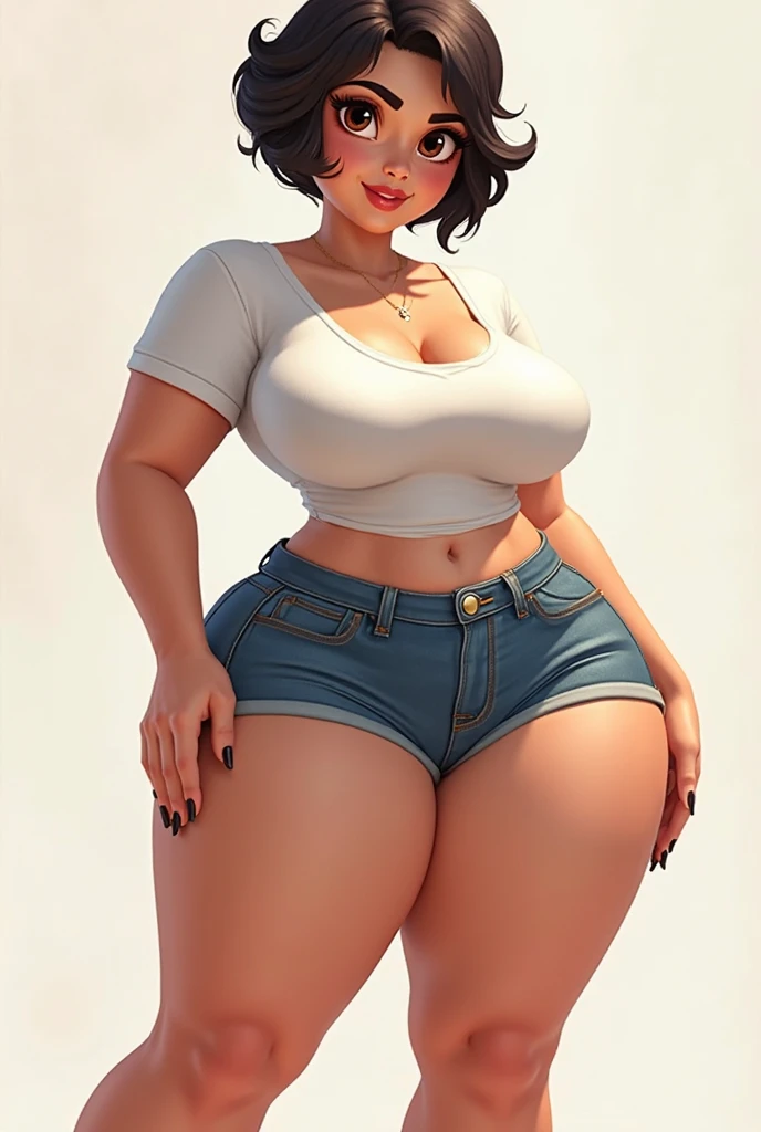 huge breasts, big hips, Tank top, denim shorts, full body shot, Mature mother, Whip lower body, plump thighs, calf, bewitching mature woman, perfect body, plus size model,
