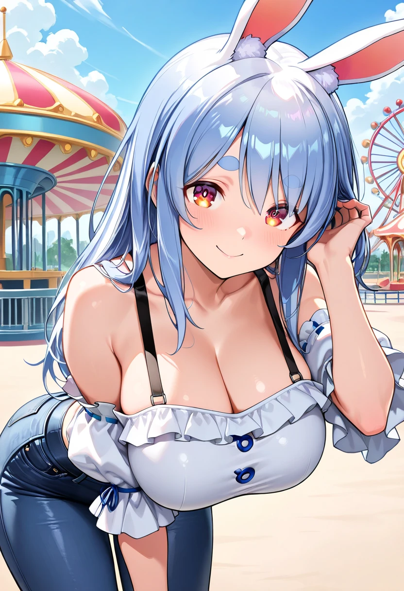 8k、Best Quality、rays of sunshine、Midsummer beach、独奏、a beauty girl、delicated face、a smile、Long pigtails、Purple hair、Colossal tits:1.8、Put your hands on your、