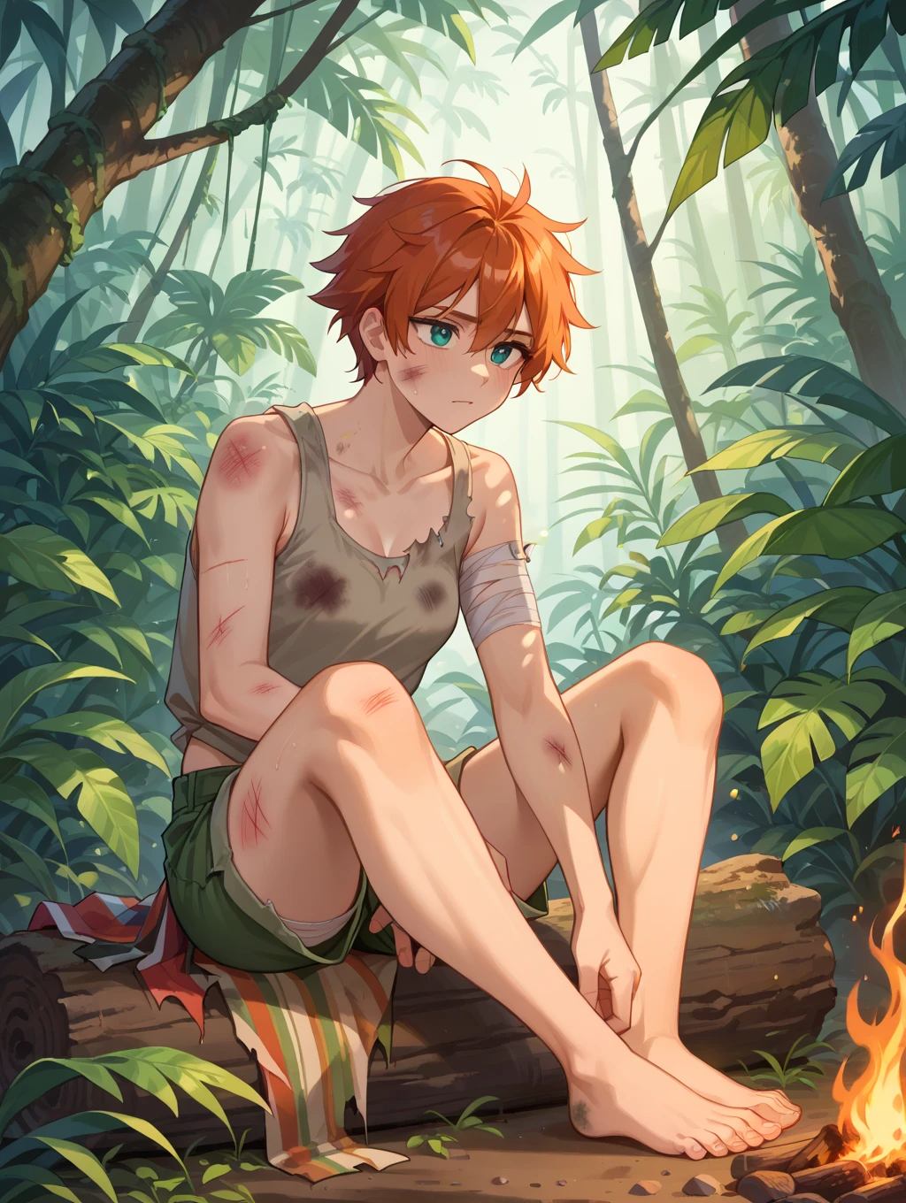 Masterpiece, Best quality, {Best quality}, {{Masterpiece}}, {A high resolution}, {{{field field}}, The is very detailed, illustration,  1boys, cheerfulness, vivaciousness，simplicity, Romantic, Sharp focus, Male focus,Short fiery red hair, Light brown eyes, Sun, Sunlight, Desert，Gobi，Large and small stones，Place the fruit and meat on the large leaves，a pure color T-shirt, Men's casual shorts, mirth