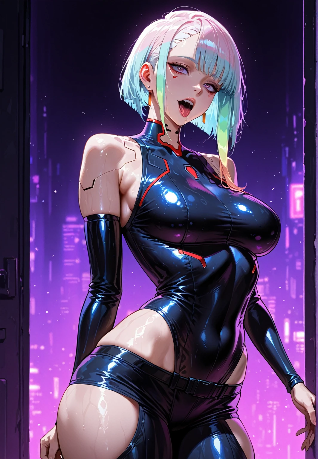 1girl,solo,full body,standing,(pastel blue hair:1.2),short hair,(blue eyes:1.2),(beautiful fingers:1.2),(perfect anatomy:1.4),(arm_behind_back:1.4),(cold_shoulder:1.2),(blue leather lace glossy silk lamé leotard:1.4),(latex luster shiny glossy metallic:1.4),(shiny_clothes:1.4),(white Clear PVC sheets sleeves:1.4),(sheer sleeves:1.4),(see-through sleeves:1.4),(wide sleeves:1.2),(gloss on lips:1.4),closed mouth,masterpiece,best quality,(Ultra high definition eyes:1.2),8k,(Beautiful detailed eyes:1.2),(Fine and beautiful eyes:1.2),(pretty eyes:1.2),finely detail,extremely CG, absurdres,high resolution,illustration,Detailed and beautiful outlines,finely detail,high resolution,(colorful refraction:1.4,Increase saturation:1.2),beautiful lighting,dynamic lighting,closed room,black background,simple background, smile,looking at viewer,(pastel blue thigh boots),