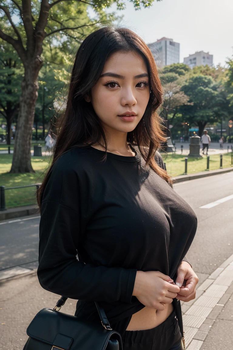 21-year-old dressed japanese woman with black long hair, ((tight red T-shirt)), ((black jeans)), gorgeous, beautiful, full body shot, d-cup breasts, huge ass, 170cm tall, ((Sitting in a park)), cinematic lighting, centered, captivating, 85mm full body portrait shot, rough skin, realistic brown eyes, realistic long eyelashes, realistic eyebrows, realistic nose, realistic full lips, realistic ears, looking directly at the camera, 4K, HDR