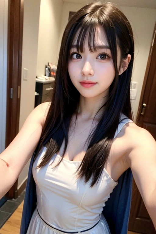 resembling a Japanese idol or J-pop girl group member, with a face like a beautiful anime cosplayer. She has black, straight hair. The photograph has a casual, snapshot quality, with the girl posing for a selfie in a stylish, modern setting. The image captures a clear, her face with a slightly smile expression, emphasizing her kawaii features and Y2K aesthetic, in a woman toilet.